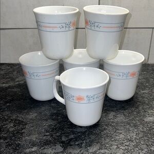 Set of 6 Corning  Apricot Grove Floral Patterned White and Orange Mugs Set